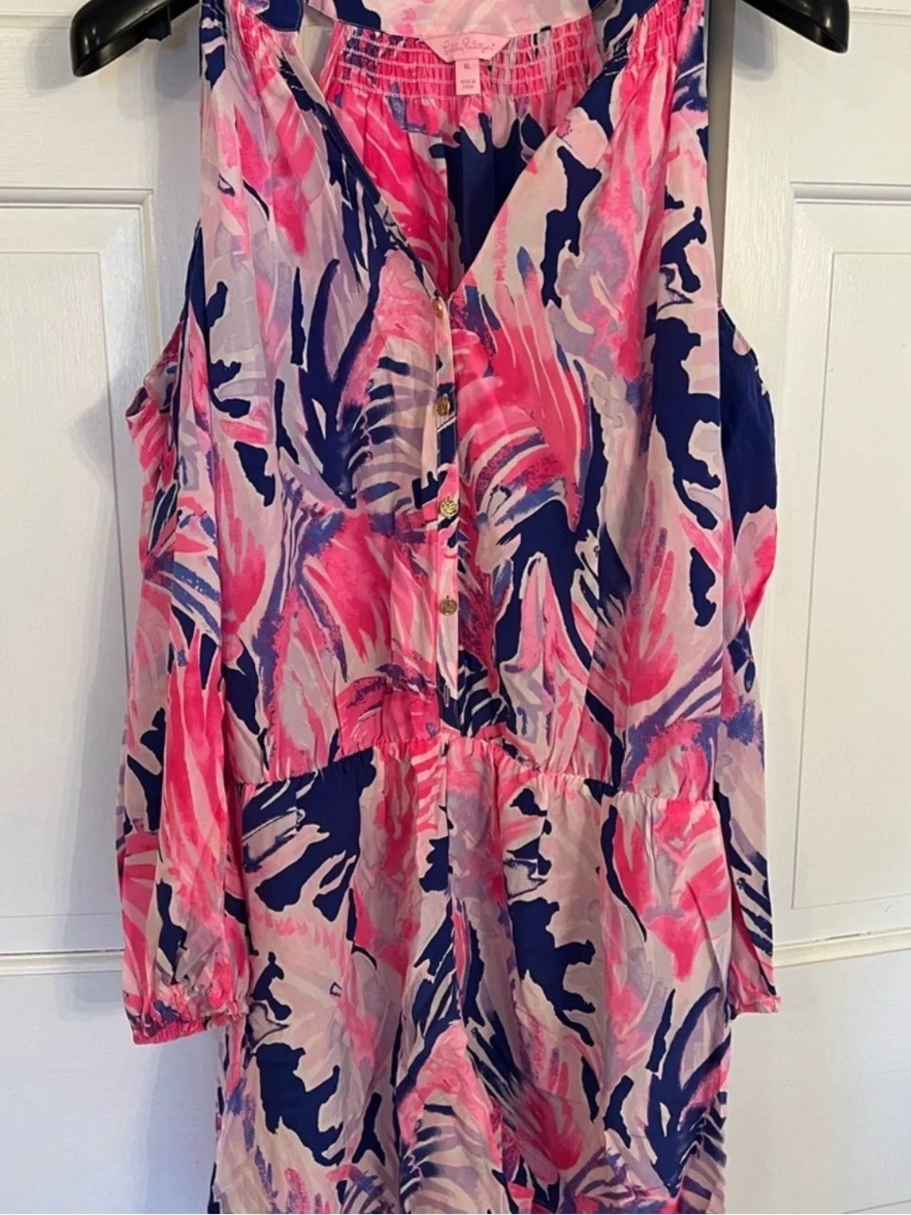 Lilly Pulitzer Sunny Shoulder Silk Elsa Romper – Paradise Point Blue/Pink – XL - Picture 3 of 6